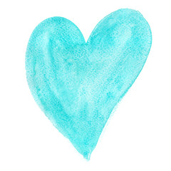 Big turquoise blue heart painted in watercolor on white isolated background