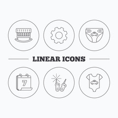 Newborn clothes, diapers and sleep cradle icons. Radio monitoring linear sign. Flat cogwheel and calendar symbols. Linear icons in circle buttons. Vector