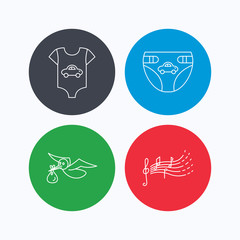 Diapers, newborn clothes and songs for kids icons. Stork with sack linear sign. Linear icons on colored buttons. Flat web symbols. Vector