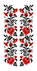 Color bouquet of flowers (roses, bellflowers and pansies) using traditional Ukrainian embroidery elements. Red and black tones. Seamless  pattern. Can be used as pixel-art.