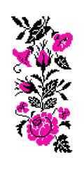 Color bouquet of flowers (roses, bellflowers and pansies) using traditional Ukrainian embroidery elements. Pink and black tones. Border  pattern. Can be used as pixel-art.