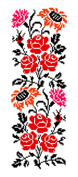 Bouquet of flowers (roses, cloves and sunflowers) using traditional Ukrainian embroidery elements. Border pattern. Can be used as pixel-art.