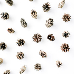 minimal creative cone pattern arrangement on white. flat lay, top view. christmas background wallpaper.