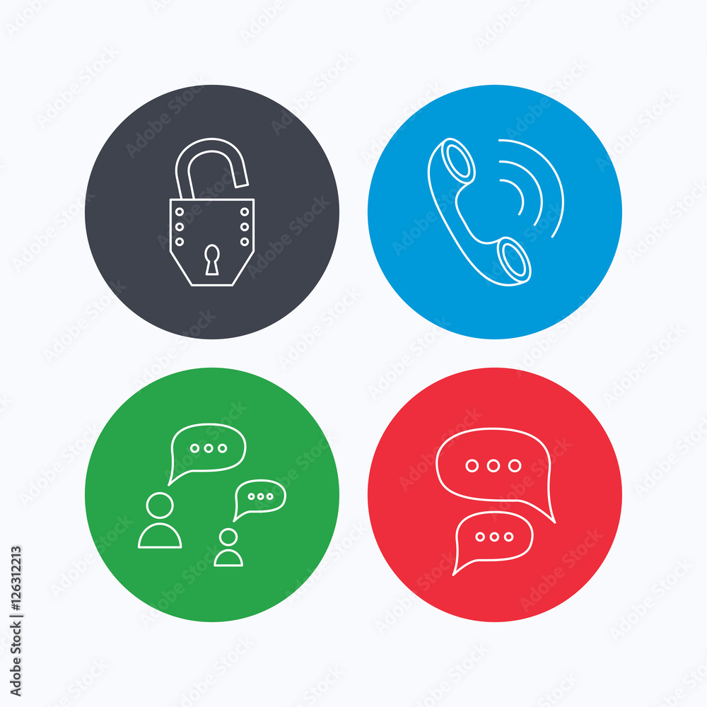 Poster phone call, chat speech bubbles and lock icons. dialog linear sign. linear icons on colored buttons.