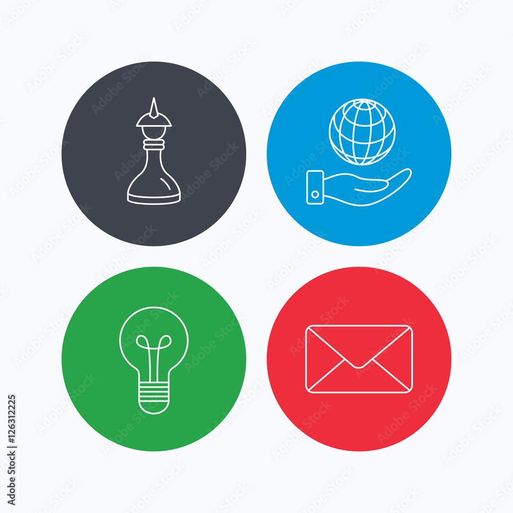 Poster strategy, save planet and mail envelope icons. lamp lightbulb linear sign. linear icons on colored b