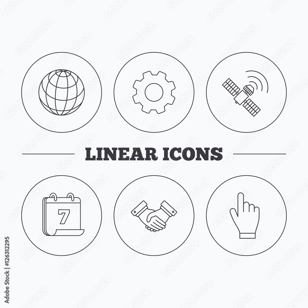 Poster handshake, globe and gps satellite icons. hand linear sign. flat cogwheel and calendar symbols. line