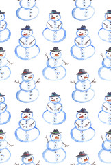 Seamless pattern with cute snowmen painted in watercolor on white isolated background