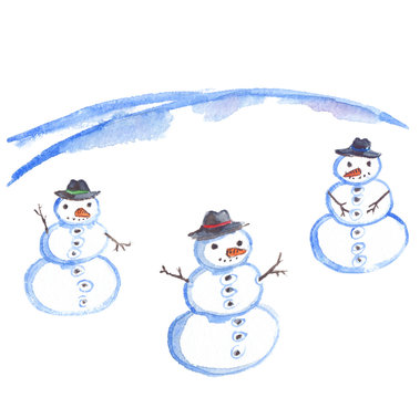 Three funny snowmen wearing hats on snowy field painted in watercolor on clean white background