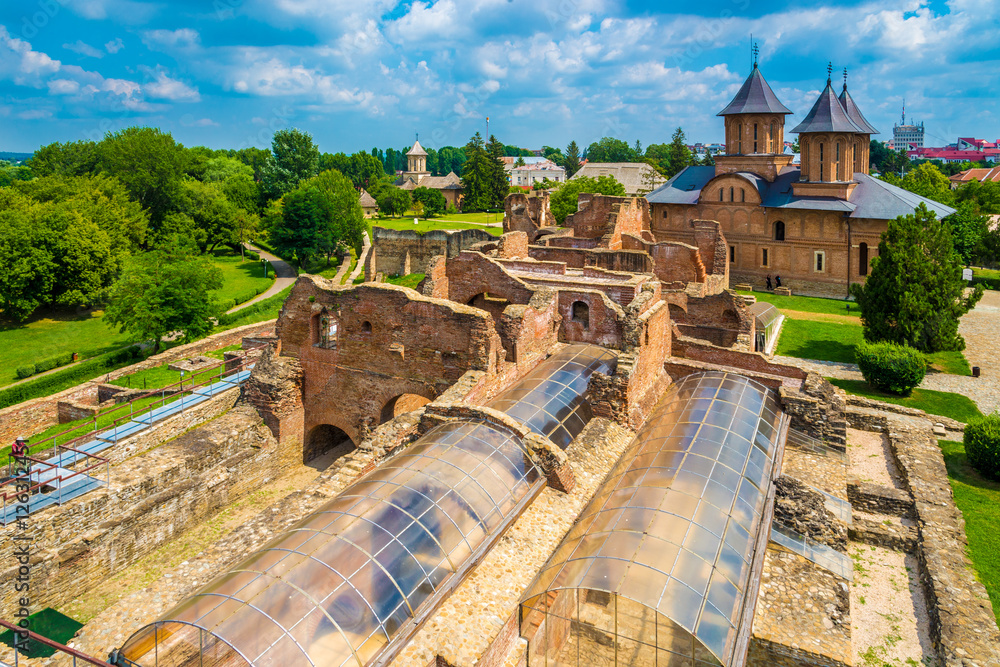 Wall mural ruins of medieval old fortress (castle) and royal court in targoviste landmark, romania