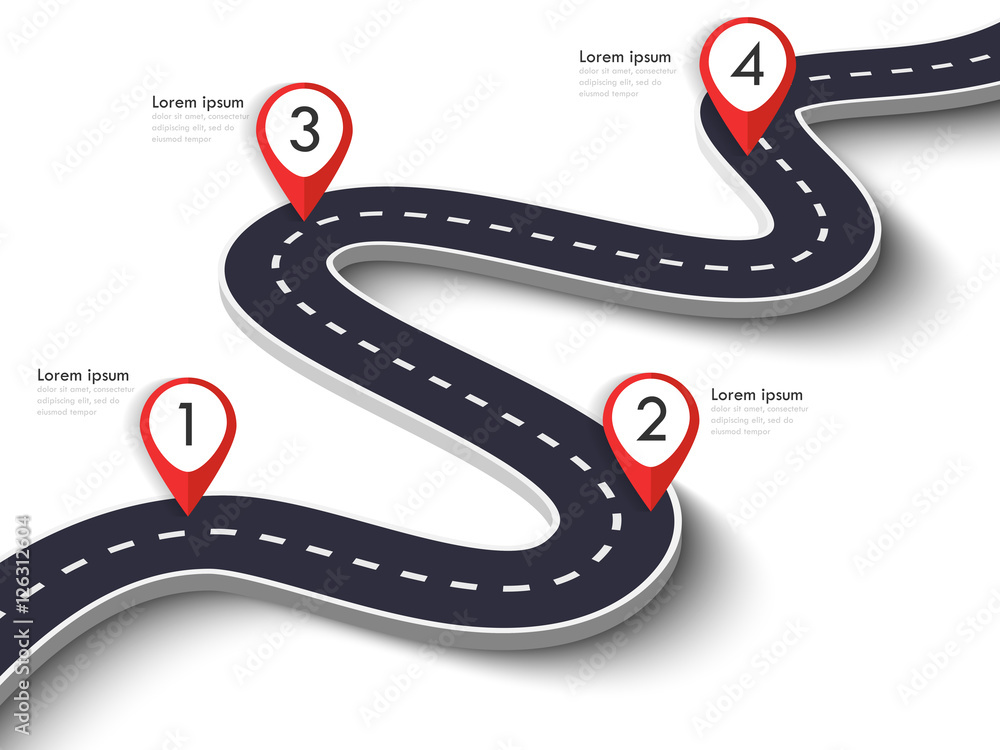 Poster winding road on a white isolated background. road way location infographic template with pin pointer