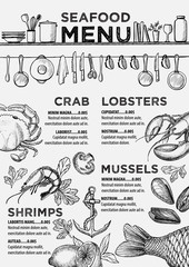 Menu seafood restaurant, food template placemat.