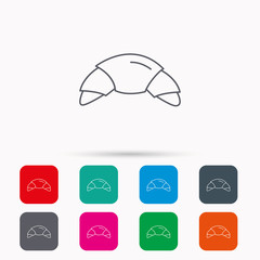 Croissant icon. Bread bun sign. Traditional french bakery symbol. Linear icons in squares on white background. Flat web symbols. Vector
