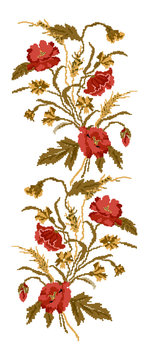Color  bouquet of flowers (poppies,ears of wheat and cornflowers)red and brown tones. Ukrainian embroidery elements. Hand made. Border pattern. Can be used as pixel-art.