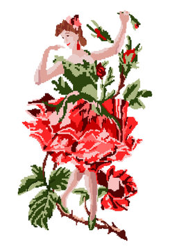 Image decor. Girl as flower rose dancing in a branch using traditional Ukrainian embroidery elements. Handmade. Can be used as pixel-art. Emblem. Logo. Symbol.