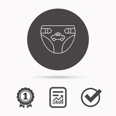 Diaper with car icon. Child underwear sign. Newborn protection symbol. Report document, winner award and tick. Round circle button with icon. Vector