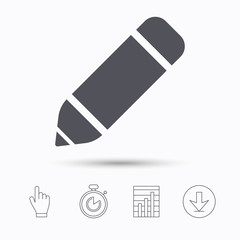 Edit icon. Pencil for drawing symbol. Stopwatch timer. Hand click, report chart and download arrow. Linear icons. Vector