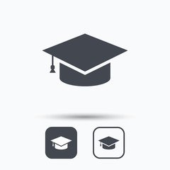 Education icon. Graduation cap symbol. Square buttons with flat web icon on white background. Vector