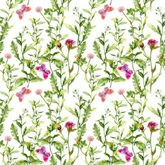 Spring meadow: grass, flowers with butterflies. Watercolor repeating pattern
