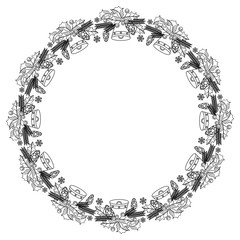 Outline round frame with Christmas bell, holly berry and pine cones. Copy space.