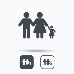 Family icon. Father, mother and child symbol. Square buttons with flat web icon on white background. Vector