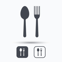 Food icons. Fork and spoon signs. Cutlery symbol. Square buttons with flat web icon on white background. Vector