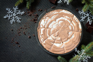 Chocolate ice cream cake on a stone gray background. Top view, c