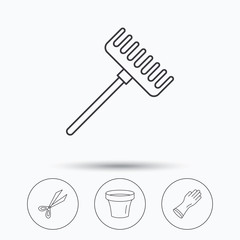Gloves, scissors and pot icons. Rake linear sign. Linear icons in circle buttons. Flat web symbols. Vector