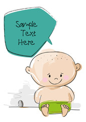 Funny baby in the diaper background doodle design / Baby character card stock vector design