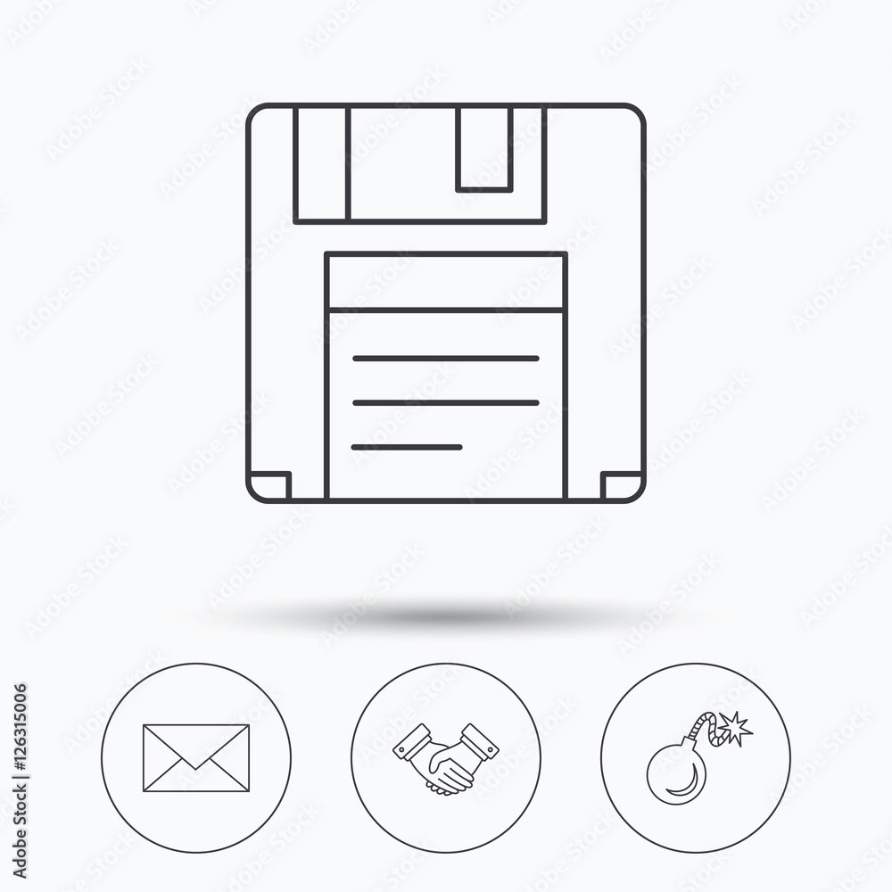 Poster mail, bomb and handshake icons. floppy disk linear sign. linear icons in circle buttons. flat web sy