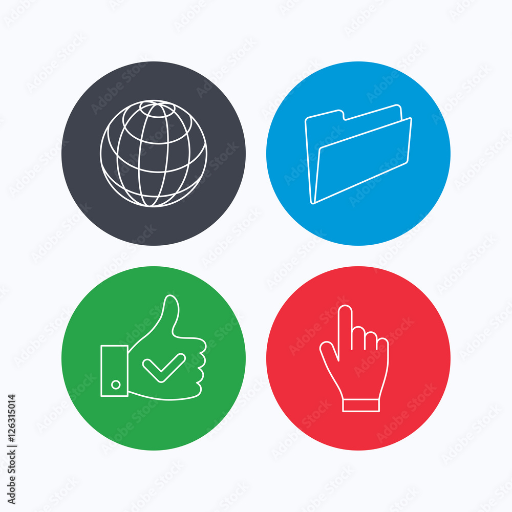 Poster folder, press hand and world globe icons. social network linear sign. linear icons on colored button