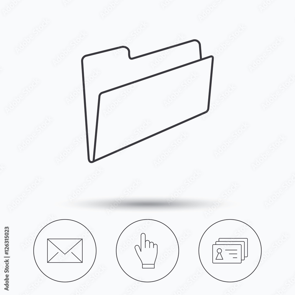 Poster folder, press hand and contacts icons. mail linear sign. linear icons in circle buttons. flat web sy
