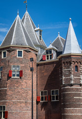 The towers of the Nieuwmarkt (New Market), Amsterdam, Netherlands