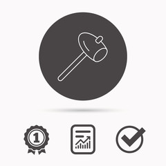 Hammer icon. Repair or fix sign. Construction equipment tool symbol. Report document, winner award and tick. Round circle button with icon. Vector