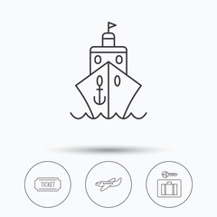 Naklejka premium Ticket, cruise ship and airplane icons. Luggage security linear sign. Linear icons in circle buttons. Flat web symbols. Vector