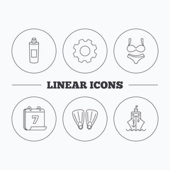 Cruise, swimming flippers and lingerie icons. Shampoo bottle linear sign. Flat cogwheel and calendar symbols. Linear icons in circle buttons. Vector