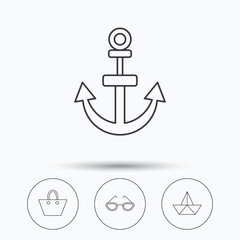 Paper boat, anchor and glasses icons. Ladies handbag linear sign. Linear icons in circle buttons. Flat web symbols. Vector