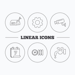 Water supply, video camera and mailbox icons. Radiator with regulator linear sign. Flat cogwheel and calendar symbols. Linear icons in circle buttons. Vector