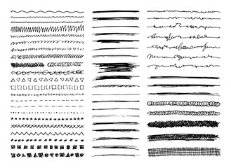 Set of hand drawn line borders, sketch strokes, scribbles and design elements isolated on white. Doodle style brushes. Monochrome vector eps8 illustration.