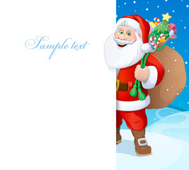 Christmas. Santa Claus with a bag of gifts. Vector illustration. Poster.