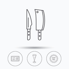 Kitchen knives, glass and heat-resistant icons. DEHP free linear sign. Linear icons in circle buttons. Flat web symbols. Vector
