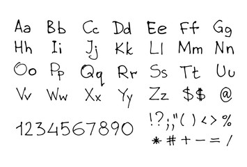 Hand written font. Sketchy english letters and numbers isolated on white. Vector eps8 illustration.