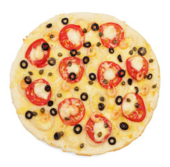 Pizza with shrimp and vegetables, isolated on white background.