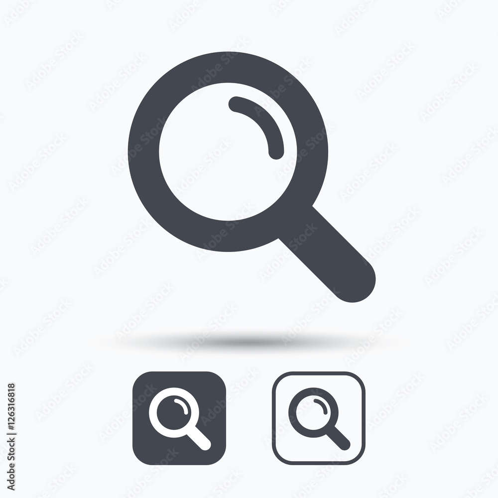 Poster magnifier icon. search magnifying glass symbol. square buttons with flat web icon on white backgroun