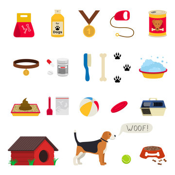 Dog care object set, items and stuff, vector cartoon illustration, food stuff bone kennel collar clothing medicines