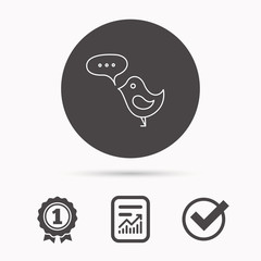 Bird with speech bubble icon. Chat talk sign. Cute small fowl symbol. Report document, winner award and tick. Round circle button with icon. Vector
