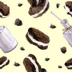 Watercolor pattern with bottle of milk and biscuits. Realistic artisic illustration.