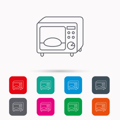 Microwave oven icon. Kitchen appliance sign. Linear icons in squares on white background. Flat web symbols. Vector