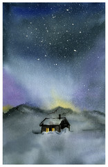 Watercolor night sky and house