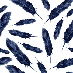 Watercolor blue birds feathers boho pattern. Seamless texture with hand drawn feathers. Illustration for your design. Bright colors.