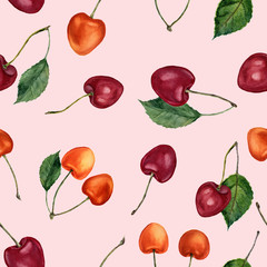 Watercolor cherry seamless pattern. Watercolor cherries isolated on pink background. For design, textile and background.